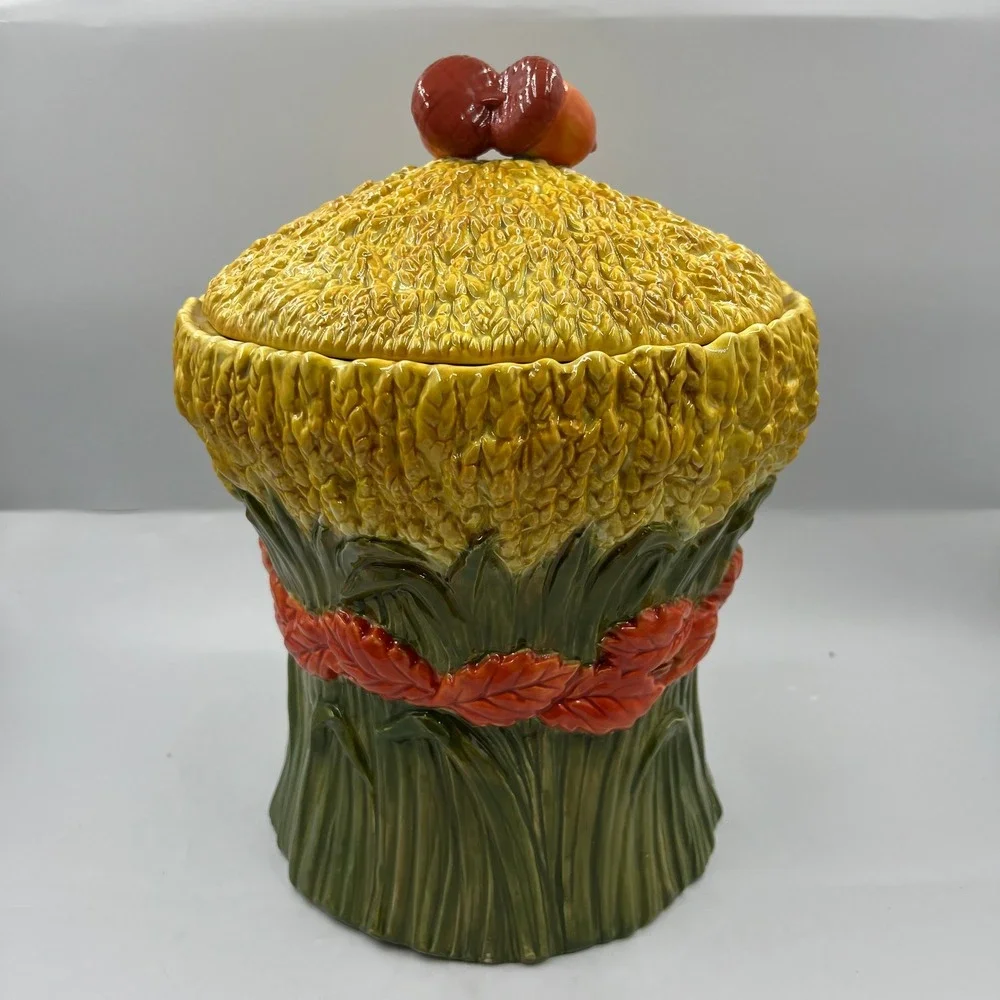 Department 56 Harvest Wheat Ceramic Cookie Jar Autumn Leaf Acorn Fall Decor
